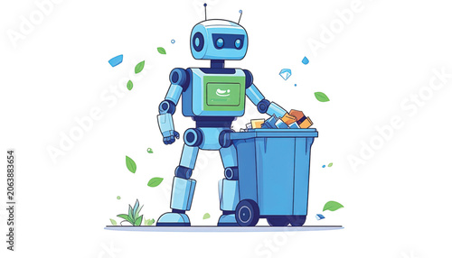 Robot throwing trash in bin.