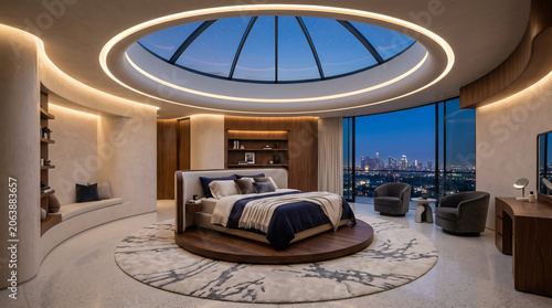 Futuristic Luxury Penthouse Bedroom Suite with Circular Bed and Glass Dome Skylight at Dusk.