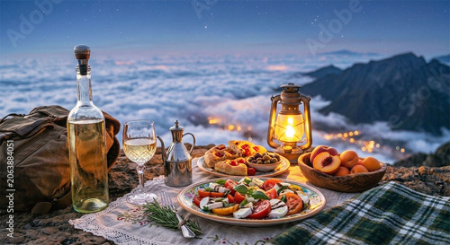 Romantic outdoor picnic on a mountain peak above the clouds with caprese salad, fresh focaccia, white wine, and a vintage lantern at twilight.