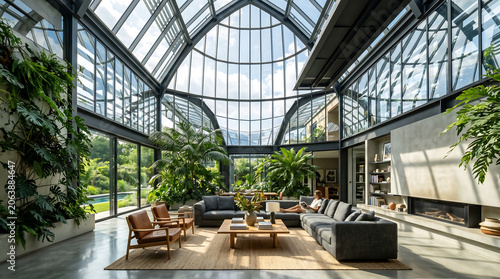Luxury modern living room inside a large glass greenhouse conservatory with lush tropical plants and contemporary furniture.