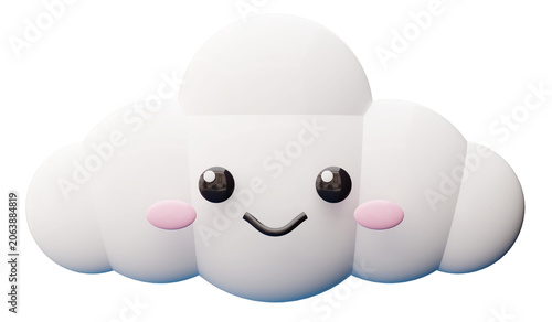 A cute cloud with a smiling face is placed on a clear background. The cloud features round shapes and looks soft. It is a 3D render with a cheerful expression