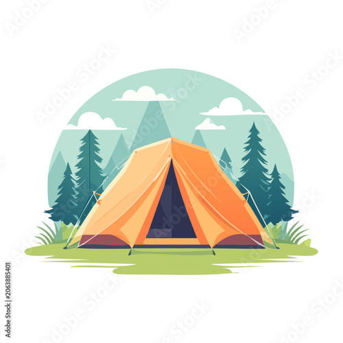 Flat design tent with mountains and trees