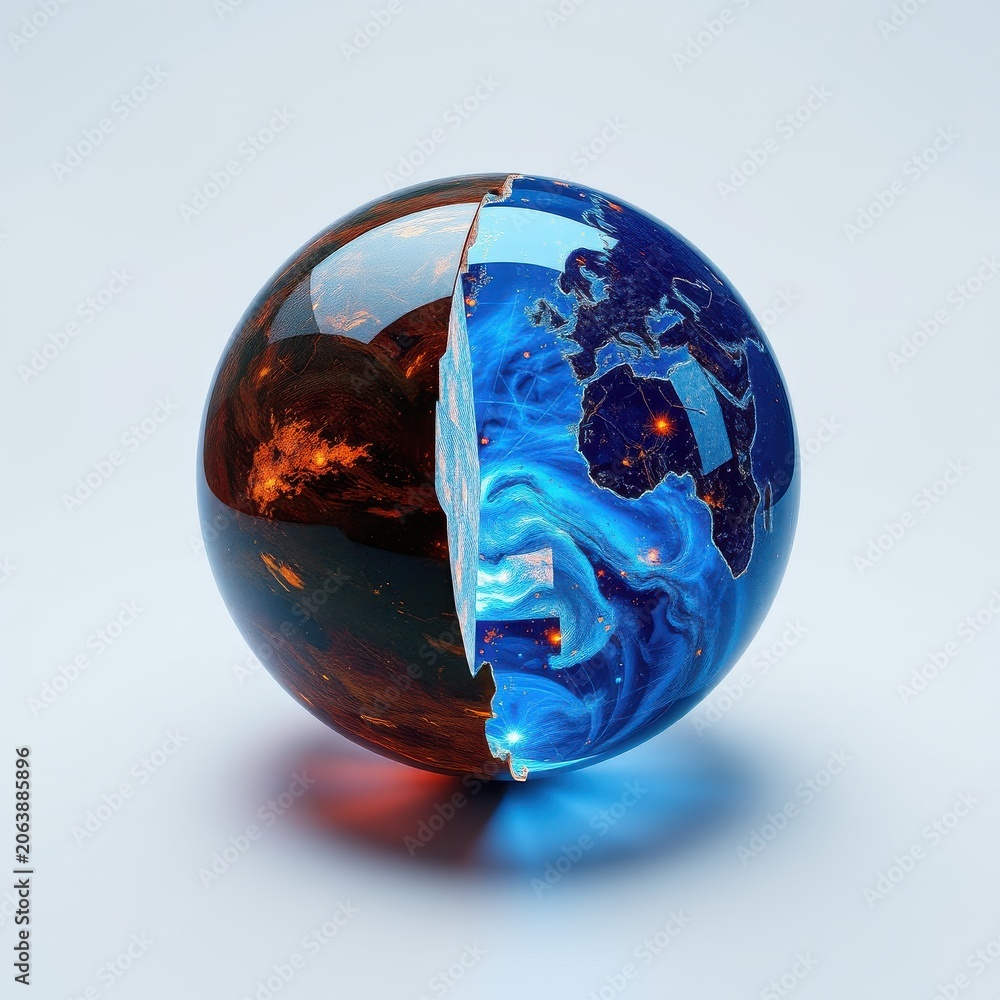 Fototapeta premium Globe split, showing earth side, fiery cosmos opposite. Reflective surface, dramatic lighting creates visual impact. Minimalist style.