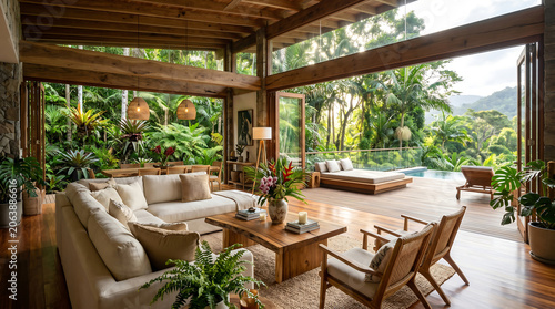 Modern luxury tropical villa open plan living room with biophilic design and jungle view.