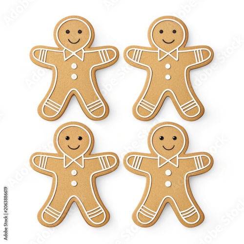 Four gingerbread man cookies isolated on white background for christmas time