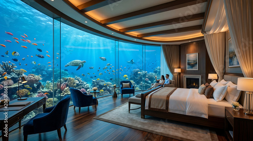 Luxury Underwater Hotel Suite Bedroom with Floor to Ceiling Aquarium View.