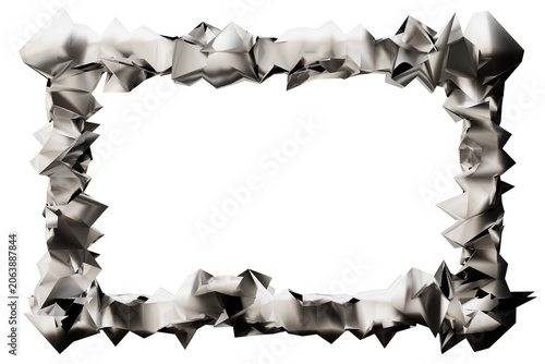 A chrome frame with sharp shapes is shown on a clear background. The design features a unique and distorted form, highlighted through 3D rendering techniques