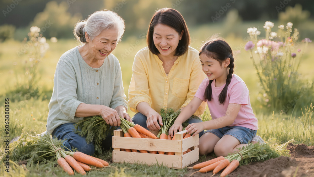 Obraz premium Three Generations of Asian Women Harvesting Carrots Together.