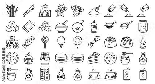 Comprehensive sugar industry and confectionery production icon set for food and beverage industry