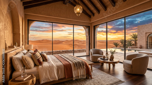 Luxury desert resort master bedroom with rustic exposed wooden beams and panoramic sunset views.