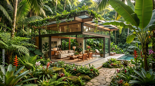 Tranquil Modern Glass Pavilion Hidden in a Lush Tropical Jungle Paradise.