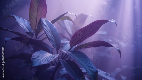 A closeup view of a plant with purple and blue leaves in a misty atmosphere with a soft purple background