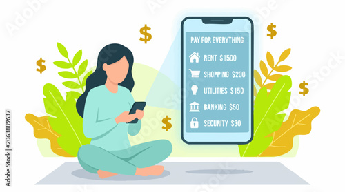 Obraz na płótnie Woman managing finances on smartphone, paying bills online and budgeting