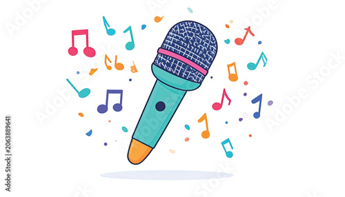 Colorful Microphone with Music Notes Floating.