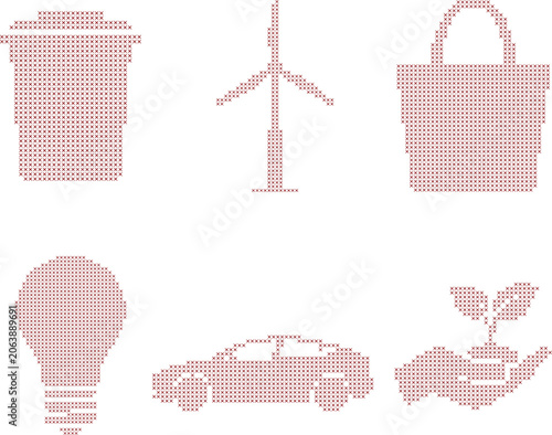 Set of environmental and ecofriendly icons designed in a cross stitch style 