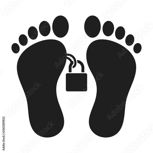 Foto Black silhouette of human feet with a locked padlock icon representing restricti