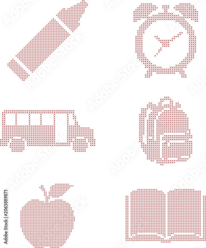 School supplies icons in cross stitch patterns style