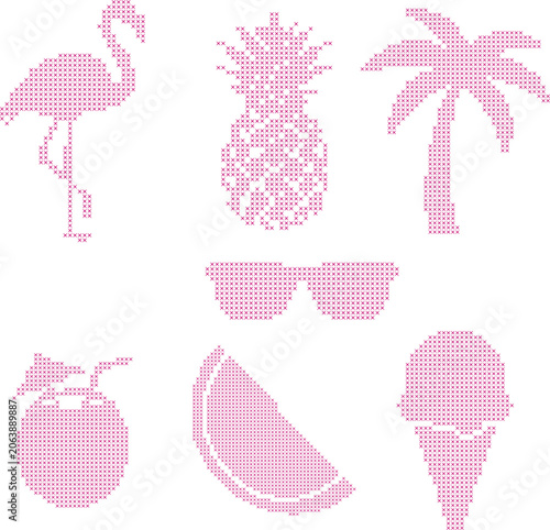 Summer cross stitch patterns icons set isolated 