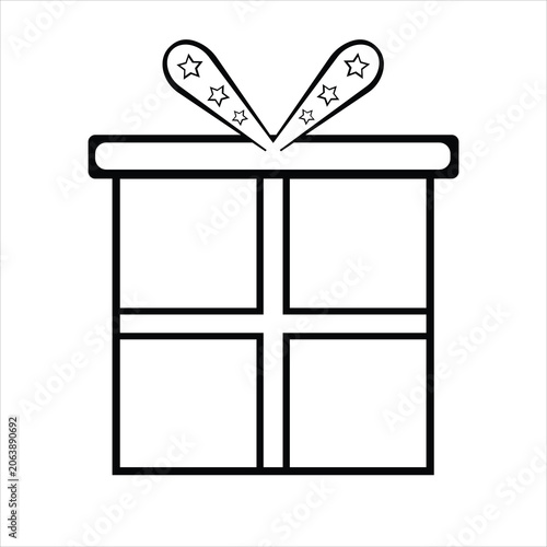 Black line drawing of a gift box with stars on the ribbon