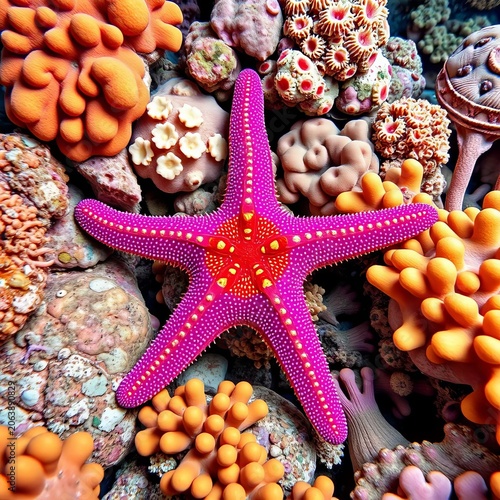 Starfish in vibrant colors adorn a coral reef background, showcasing marine life diversity, starfish, colorful