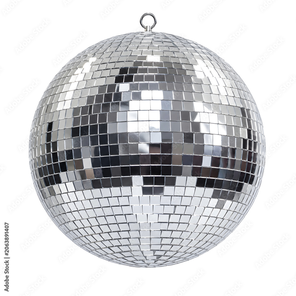 Fototapeta premium Silver Disco Mirror Ball Isolated on White Background Party Celebration Dance Decoration Premium Stock Photo