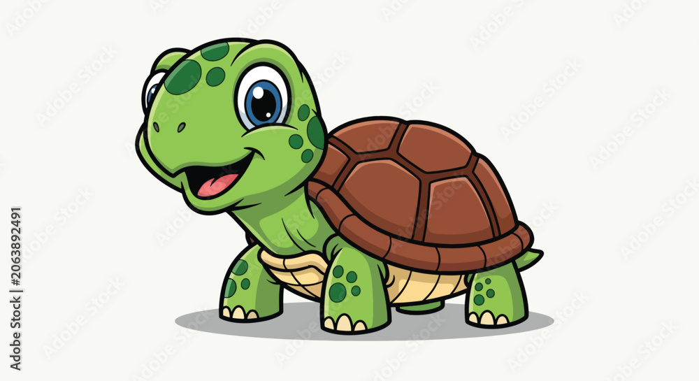 Obraz premium Cute cartoon green turtle character standing and smiling on white background.