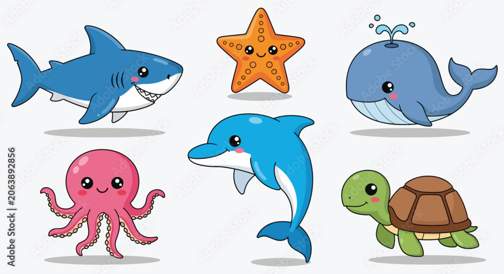 Fototapeta premium Cute cartoon sea animals set including shark whale dolphin octopus turtle and starfish.