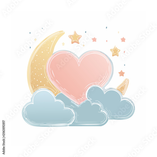 Hand Drawn Heart with Clouds Moon and Stars