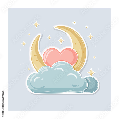 Moon, Heart, and Cloud Illustration on Light Blue Background