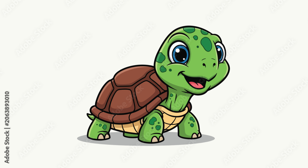 Obraz premium Cute green cartoon turtle vector illustration with brown shell and smiling face.