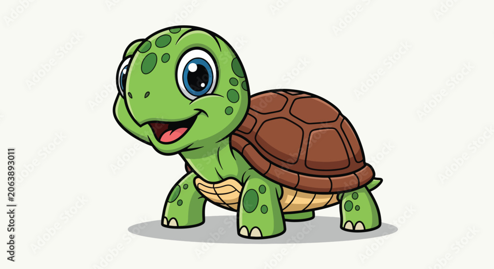 Obraz premium Cute green cartoon turtle with brown shell smiling on white background.