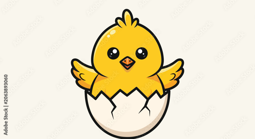 Fototapeta premium Cute Yellow Baby Chick Hatching from Egg Shell Cartoon Illustration.