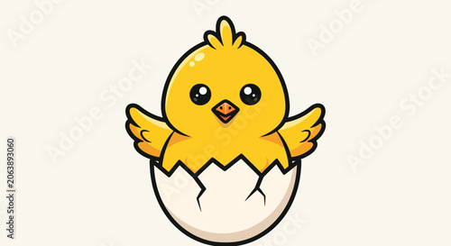 Fotografie Cute Yellow Baby Chick Hatching from Egg Shell Cartoon Illustration