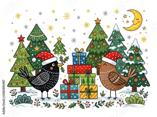 Cute cartoon birds wearing santa hats with christmas gifts and trees in a winter forest