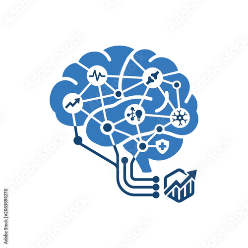 A blue digital brain icon with interconnected data network lines