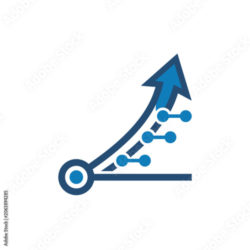 A blue digital arrow shows upward growth and data connectivity