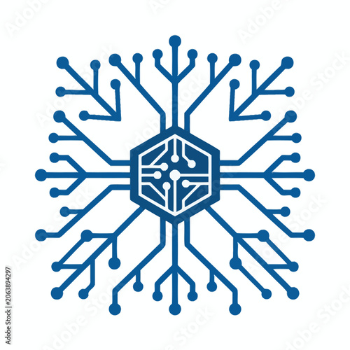 A blue digital circuit board snowflake icon on white background