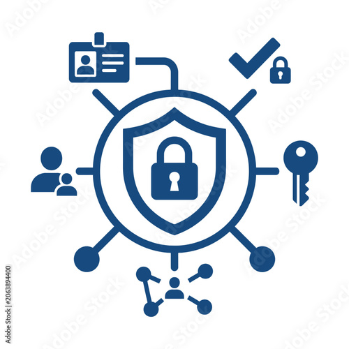 A blue digital icon set representing data security and privacy