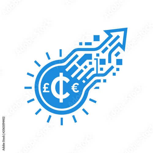 A blue digital icon showing financial growth and currency symbols