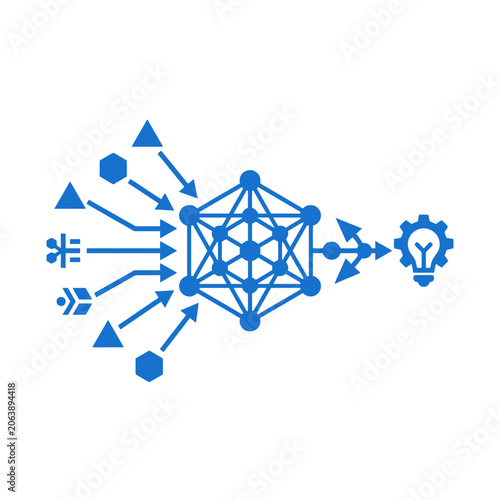 A blue digital network diagram showing data processing and innovation