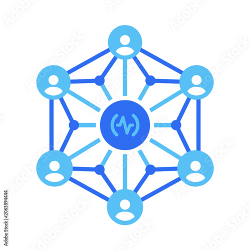A blue digital network icon showing connected people nodes