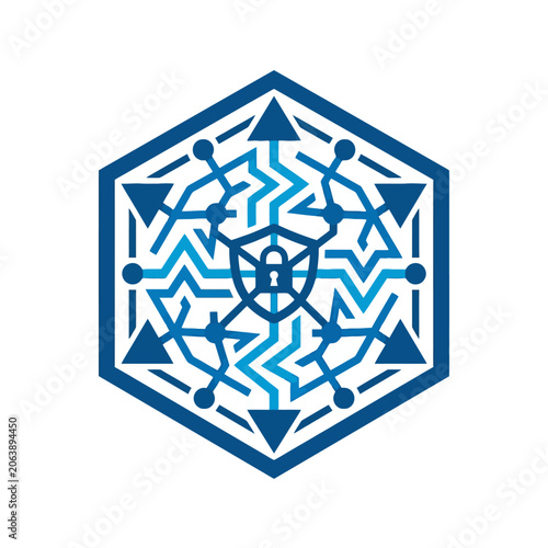 A blue digital security icon with a central shield and lock