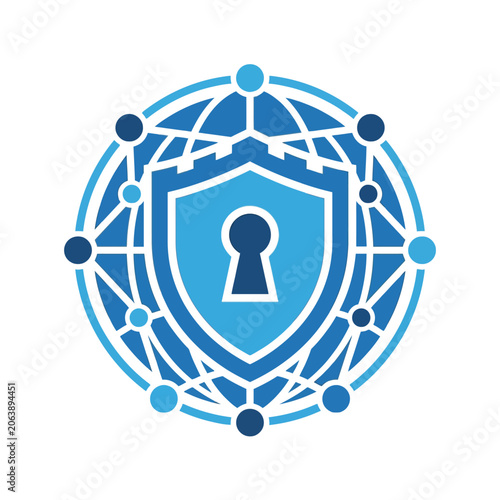A blue digital shield icon representing global network data security
