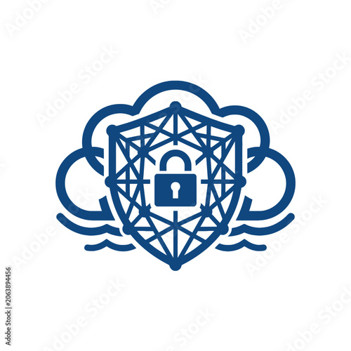 A blue digital shield icon represents secure cloud computing data protection