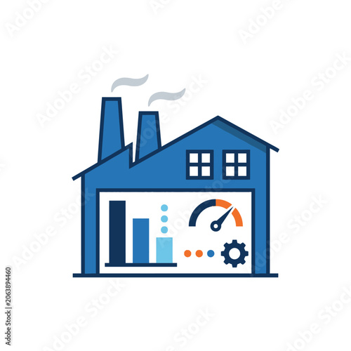 A blue factory icon showing industrial performance and data metrics