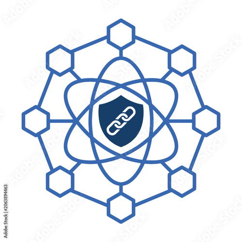 A blue digital network icon with a central shield and chain