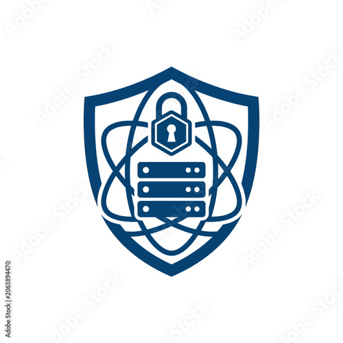 A blue digital shield icon representing secure data server protection