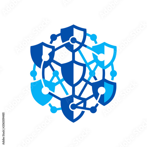A blue digital shield network icon on a white background