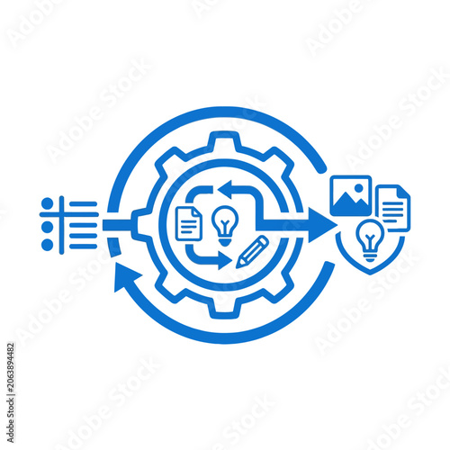 A blue gear icon represents a streamlined creative workflow process