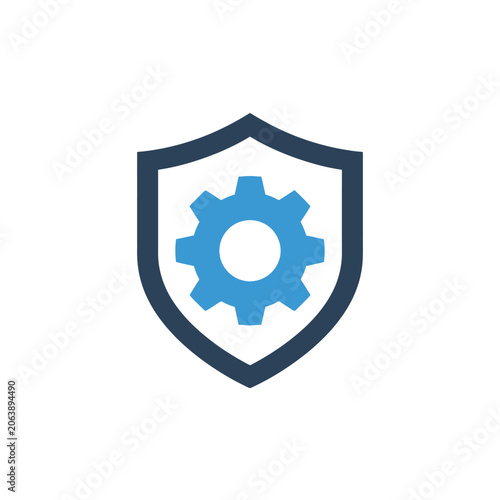 A blue gear icon is centered inside a dark shield shape